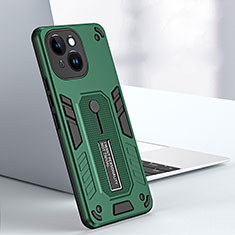 Silicone Matte Finish and Plastic Back Cover Case with Stand H02X for Apple iPhone 14 Green