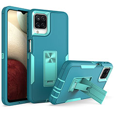 Silicone Matte Finish and Plastic Back Cover Case with Stand J01S for Samsung Galaxy F12 Cyan