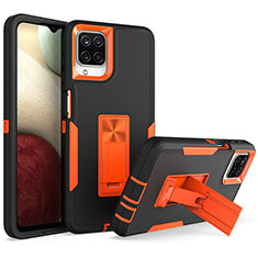 Silicone Matte Finish and Plastic Back Cover Case with Stand J01S for Samsung Galaxy F12 Orange