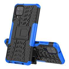 Silicone Matte Finish and Plastic Back Cover Case with Stand J01X for Samsung Galaxy F12 Blue