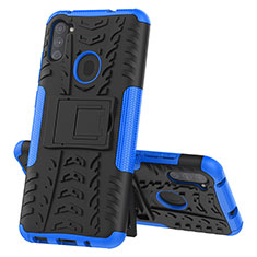 Silicone Matte Finish and Plastic Back Cover Case with Stand J01X for Samsung Galaxy M11 Blue