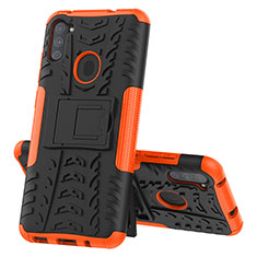 Silicone Matte Finish and Plastic Back Cover Case with Stand J01X for Samsung Galaxy M11 Orange