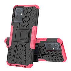 Silicone Matte Finish and Plastic Back Cover Case with Stand JX1 for Vivo T1 5G India Hot Pink