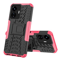 Silicone Matte Finish and Plastic Back Cover Case with Stand JX1 for Vivo Y77e 5G Hot Pink