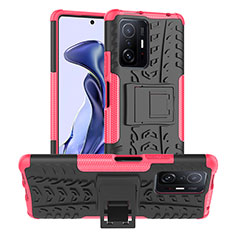 Silicone Matte Finish and Plastic Back Cover Case with Stand JX1 for Xiaomi Mi 11T 5G Hot Pink