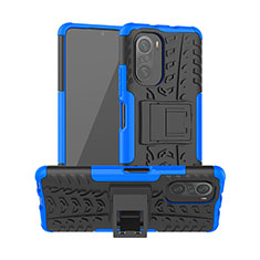 Silicone Matte Finish and Plastic Back Cover Case with Stand JX1 for Xiaomi Poco F3 5G Blue