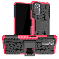 Silicone Matte Finish and Plastic Back Cover Case with Stand JX1 for Xiaomi Poco M5S Hot Pink
