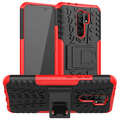 Silicone Matte Finish and Plastic Back Cover Case with Stand JX1 for Xiaomi Redmi 9 Prime India Red