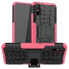 Silicone Matte Finish and Plastic Back Cover Case with Stand JX1 for Xiaomi Redmi 9A Hot Pink