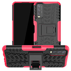 Silicone Matte Finish and Plastic Back Cover Case with Stand JX2 for Vivo Y12s Hot Pink