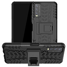 Silicone Matte Finish and Plastic Back Cover Case with Stand JX2 for Vivo Y20 Black