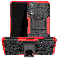 Silicone Matte Finish and Plastic Back Cover Case with Stand JX2 for Vivo Y20 Red