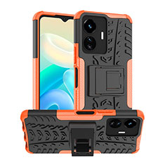 Silicone Matte Finish and Plastic Back Cover Case with Stand JX2 for Vivo Y77e 5G Orange