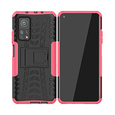 Silicone Matte Finish and Plastic Back Cover Case with Stand JX2 for Xiaomi Mi 10T Pro 5G Hot Pink