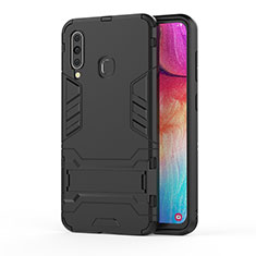 Silicone Matte Finish and Plastic Back Cover Case with Stand KC1 for Samsung Galaxy A60 Black