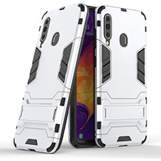 Silicone Matte Finish and Plastic Back Cover Case with Stand KC2 for Samsung Galaxy M40 White