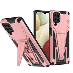 Silicone Matte Finish and Plastic Back Cover Case with Stand MQ1 for Samsung Galaxy A12 Nacho Rose Gold