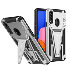 Silicone Matte Finish and Plastic Back Cover Case with Stand MQ1 for Samsung Galaxy A20s Silver