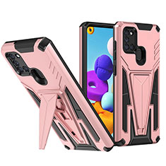 Silicone Matte Finish and Plastic Back Cover Case with Stand MQ1 for Samsung Galaxy A21 Rose Gold