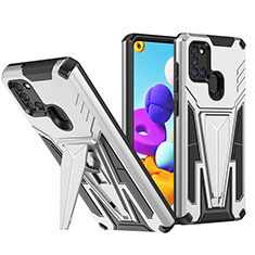 Silicone Matte Finish and Plastic Back Cover Case with Stand MQ1 for Samsung Galaxy A21 Silver