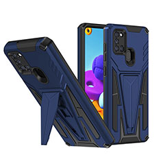 Silicone Matte Finish and Plastic Back Cover Case with Stand MQ1 for Samsung Galaxy A21s Blue