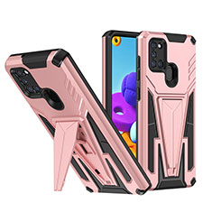 Silicone Matte Finish and Plastic Back Cover Case with Stand MQ1 for Samsung Galaxy A21s Rose Gold