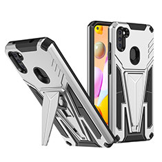 Silicone Matte Finish and Plastic Back Cover Case with Stand MQ1 for Samsung Galaxy M11 Silver