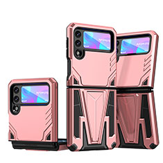 Silicone Matte Finish and Plastic Back Cover Case with Stand MQ1 for Samsung Galaxy Z Flip3 5G Rose Gold