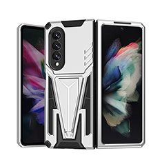 Silicone Matte Finish and Plastic Back Cover Case with Stand MQ1 for Samsung Galaxy Z Fold3 5G Silver