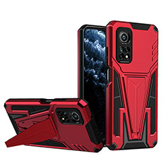 Silicone Matte Finish and Plastic Back Cover Case with Stand MQ1 for Xiaomi Mi 10T 5G Red
