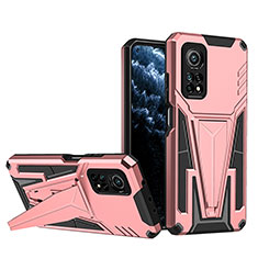 Silicone Matte Finish and Plastic Back Cover Case with Stand MQ1 for Xiaomi Mi 10T 5G Rose Gold