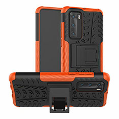 Silicone Matte Finish and Plastic Back Cover Case with Stand R01 for Huawei P40 Orange