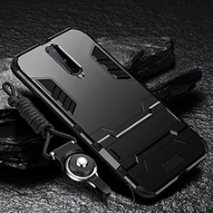 Silicone Matte Finish and Plastic Back Cover Case with Stand R01 for OnePlus 8 Black
