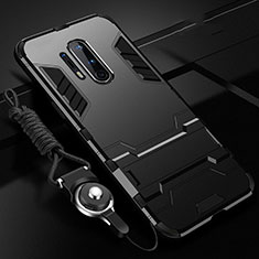 Silicone Matte Finish and Plastic Back Cover Case with Stand R01 for OnePlus 8 Pro Black