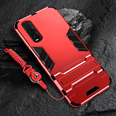 Silicone Matte Finish and Plastic Back Cover Case with Stand R01 for Oppo Find X2 Red