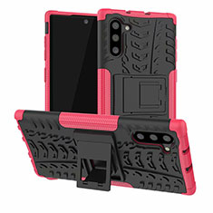 Silicone Matte Finish and Plastic Back Cover Case with Stand R01 for Samsung Galaxy Note 10 Hot Pink