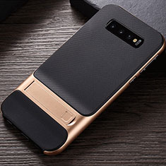 Silicone Matte Finish and Plastic Back Cover Case with Stand R01 for Samsung Galaxy S10 5G Gold