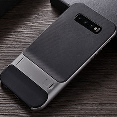Silicone Matte Finish and Plastic Back Cover Case with Stand R01 for Samsung Galaxy S10 5G Silver