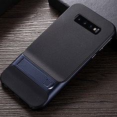 Silicone Matte Finish and Plastic Back Cover Case with Stand R01 for Samsung Galaxy S10 Blue