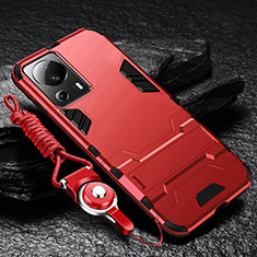 Silicone Matte Finish and Plastic Back Cover Case with Stand R01 for Xiaomi Mi 13 Lite 5G Red