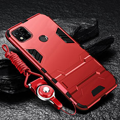 Silicone Matte Finish and Plastic Back Cover Case with Stand R01 for Xiaomi Redmi 9C NFC Red