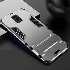 Silicone Matte Finish and Plastic Back Cover Case with Stand R01 for Xiaomi Redmi Note 9S Silver