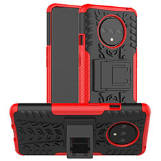 Silicone Matte Finish and Plastic Back Cover Case with Stand R02 for OnePlus 7T Red