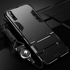Silicone Matte Finish and Plastic Back Cover Case with Stand R02 for Samsung Galaxy A70 Black