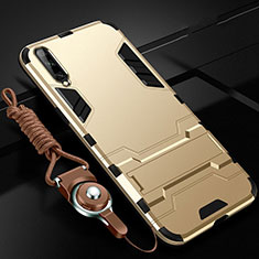 Silicone Matte Finish and Plastic Back Cover Case with Stand R02 for Samsung Galaxy A70 Gold