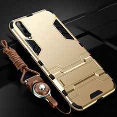 Silicone Matte Finish and Plastic Back Cover Case with Stand R02 for Samsung Galaxy A90 5G Gold