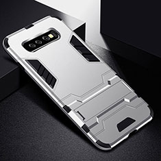 Silicone Matte Finish and Plastic Back Cover Case with Stand R02 for Samsung Galaxy S10 5G Silver