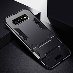 Silicone Matte Finish and Plastic Back Cover Case with Stand R02 for Samsung Galaxy S10 Black