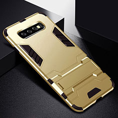 Silicone Matte Finish and Plastic Back Cover Case with Stand R02 for Samsung Galaxy S10 Gold