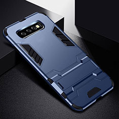 Silicone Matte Finish and Plastic Back Cover Case with Stand R02 for Samsung Galaxy S10 Plus Blue